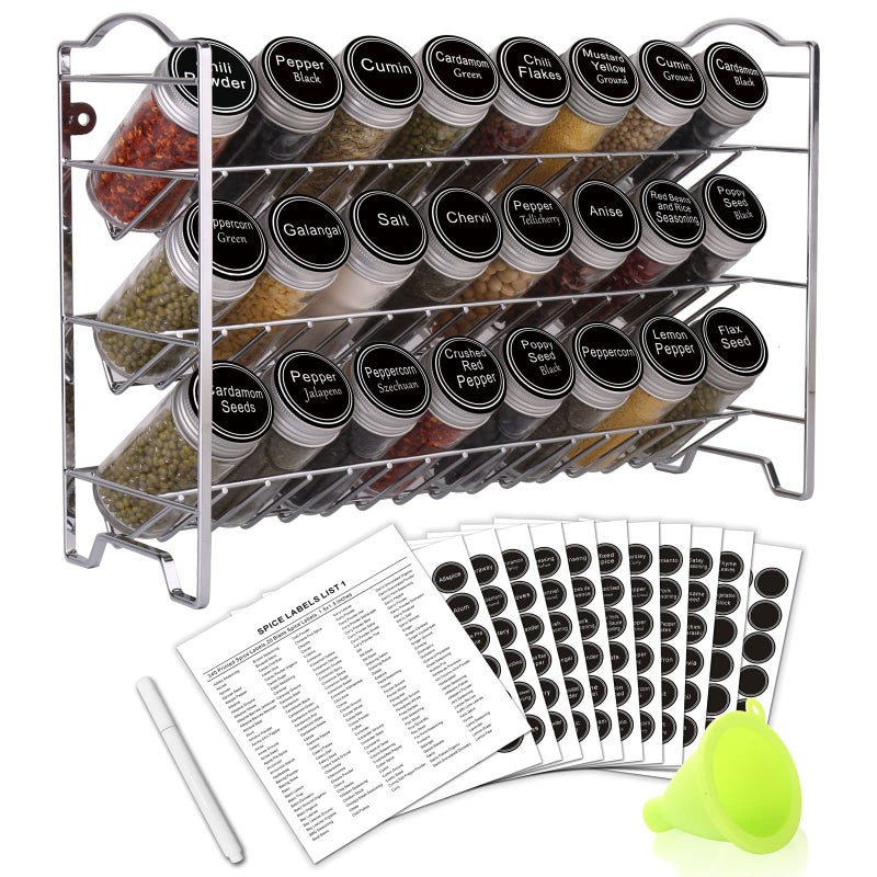 SWOMMOLY Spice Rack Organizer with 24 Empty Round Spice Jars, 396 Spice Labels with Chalk Marker and Funnel Complete Set, SWOMMOLY Spice Rack for Cabinet, Countertop or Wall Mount, Silver - Image 1